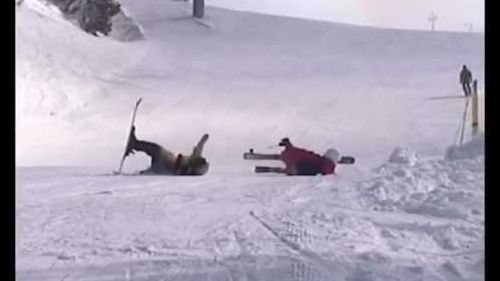 Skiing wipeout crash - Catherine takes out Matthew