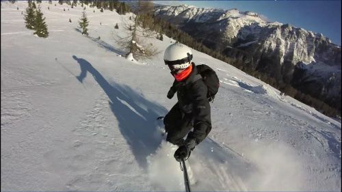 Matej having the best skiing panorama Seceda slope Val Gardena