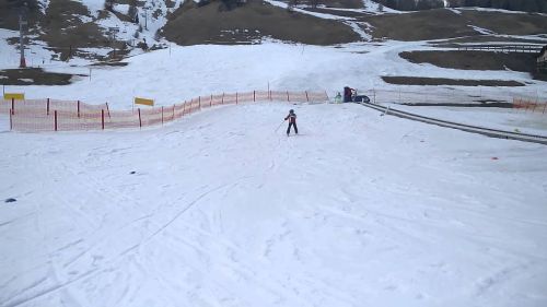 Boys skiing backward