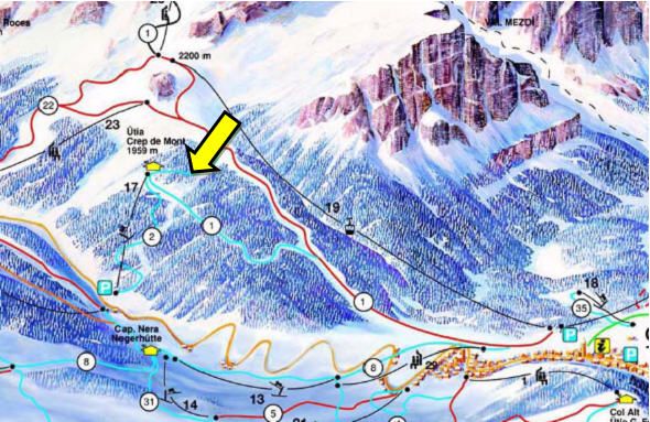 La variante Boè (la freccia ne indica l’inizio)