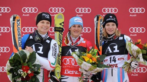 Federica Brignone e Werner Heel sul podio