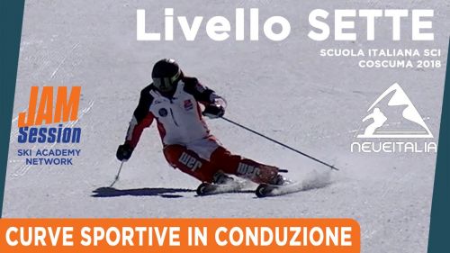 Curva sportiva in conduzione - Livello 7 della Scuola Sci Italiana illustrato da Jam Session