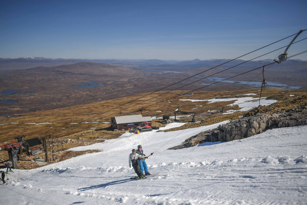  Skiers are seen using lift on April 3, 2021 in Glencoe, Scotland.