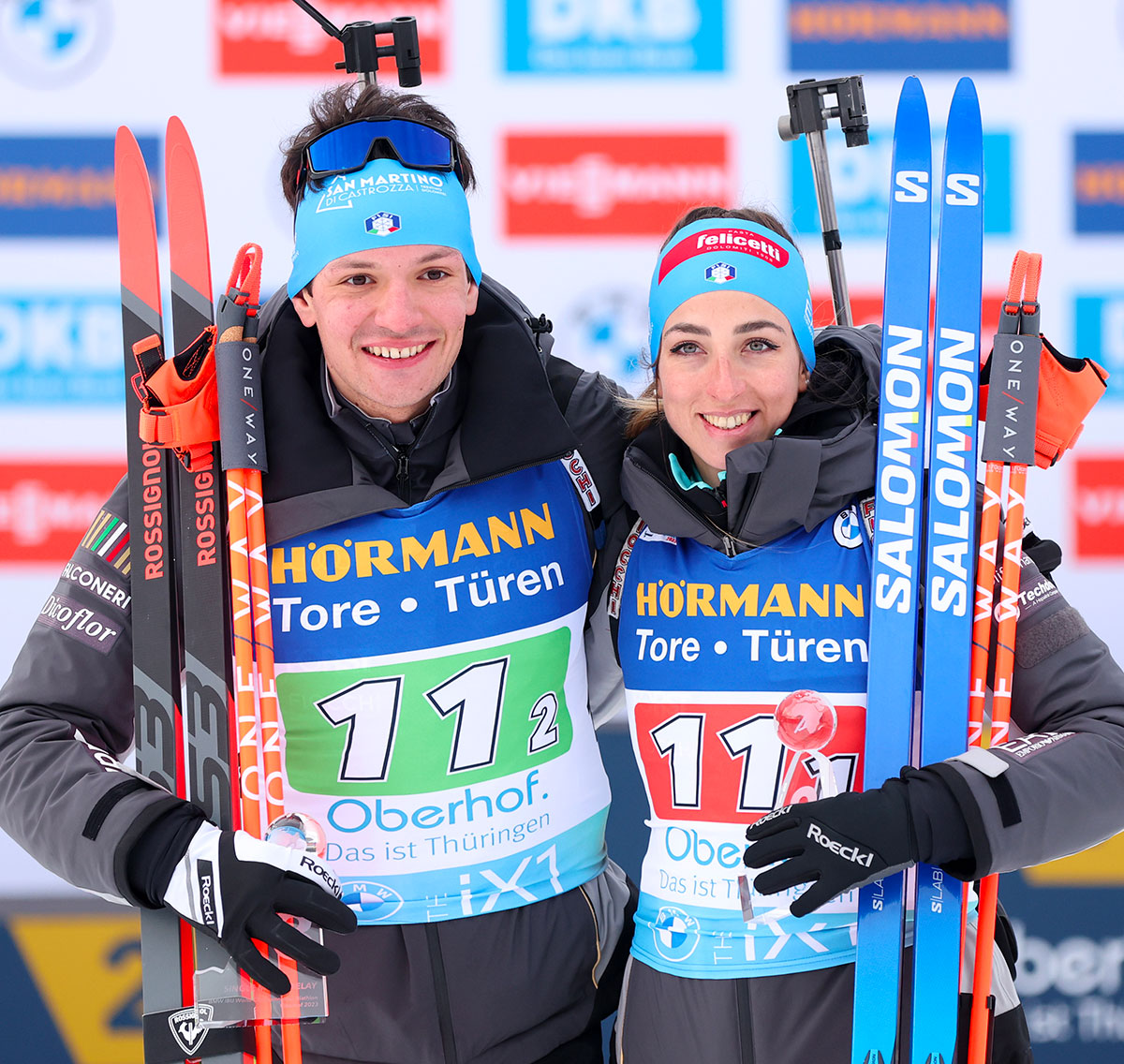 FEBRUARY 16: Bronze medalists Tommaso Giacomel of Italy and Lisa Vittozzi of Ita