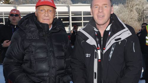 Niki Lauda in compagnia di Harti Weirather padre di Tina e vincitore del titolo mondiale di discesa a Schladming 1982