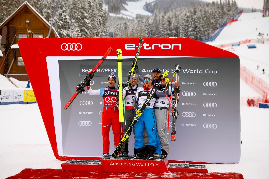 BEAVER CREEK, CO - DECEMBER 1:  (L-R) Mauro Caviezel of Switzerland in second place, Max Franz of Austria in first place, Aleksander Aamodot Kilde of Norway in third place, Aksel Lund Svindal of Norway in third place and Dominik Paris of Italy in third place celebrate on the podium during the Audi FIS Alpine Ski World Cup Men's Super G on December 1, 2018 in Beaver Creek, Colorado. (Photo by Justin Edmonds/Getty Images)     