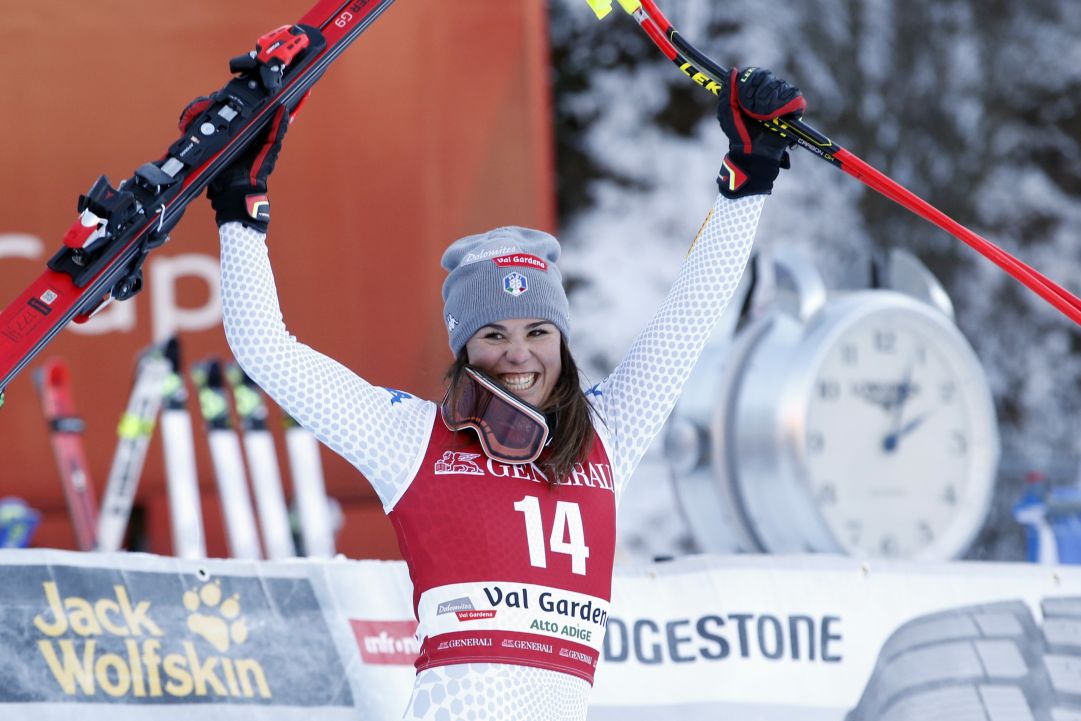 VAL GARDENA, ITALY - DECEMBER 18: Nicol Delago of Italy celebrates during the Audi FIS Alpine Ski World Cup Women's Downhill on December 18, 2018 in Val Gardena Italy. (Photo by Christophe Pallot/Agence Zoom/Getty Images)