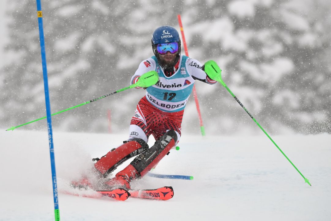 ADELBODEN, SWITZERLAND - JANUARY 13 : Marco Schwarz of Austria competes during the Audi FIS Alpine Ski World Cup Men's Slalom on January 13, 2019 in Adelboden Switzerland. (Photo by Alain Grosclaude/Agence Zoom/Getty Images)