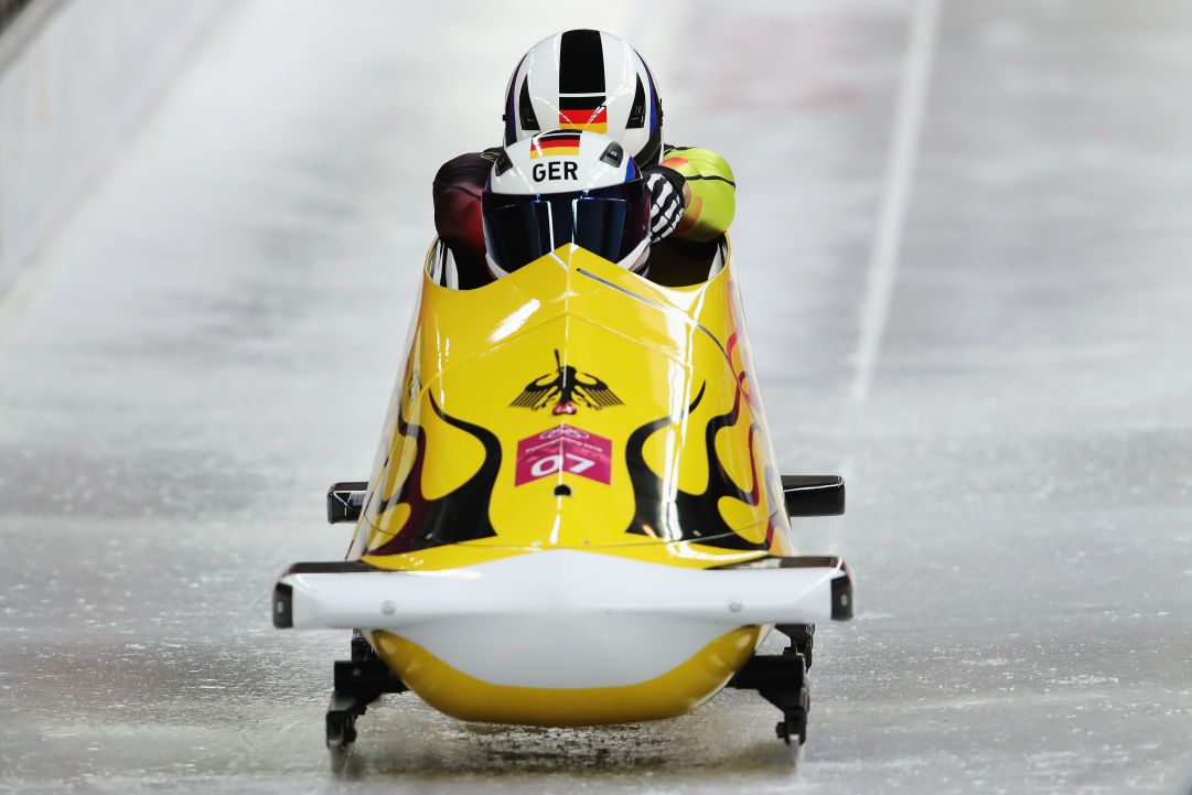  during two-man Bobsleigh heats on day nine of the PyeongChang 2018 Winter Olympic Games at Olympic Sliding Centre on February 18, 2018 in Pyeongchang-gun, South Korea.