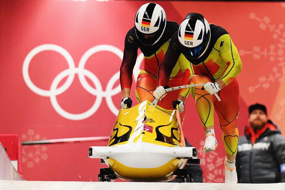 during the Men's 2-Man Bobsleigh on day 10 of the PyeongChang 2018 Winter Olympic Games at Olympic Sliding Centre on February 19, 2018 in Pyeongchang-gun, South Korea.