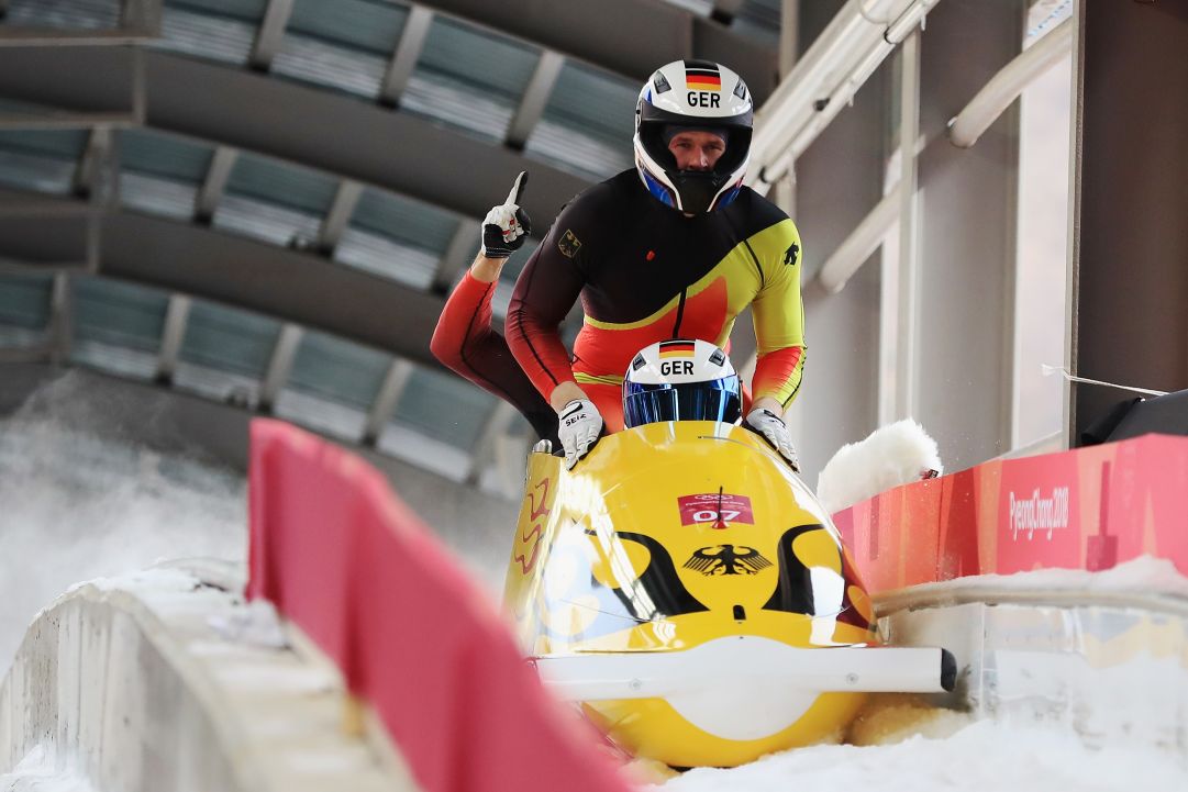 during 4-man Bobsleigh Heats on day fifteen of the PyeongChang 2018 Winter Olympic Games at the Olympic Sliding Centre on February 24, 2018 in Pyeongchang-gun, South Korea.