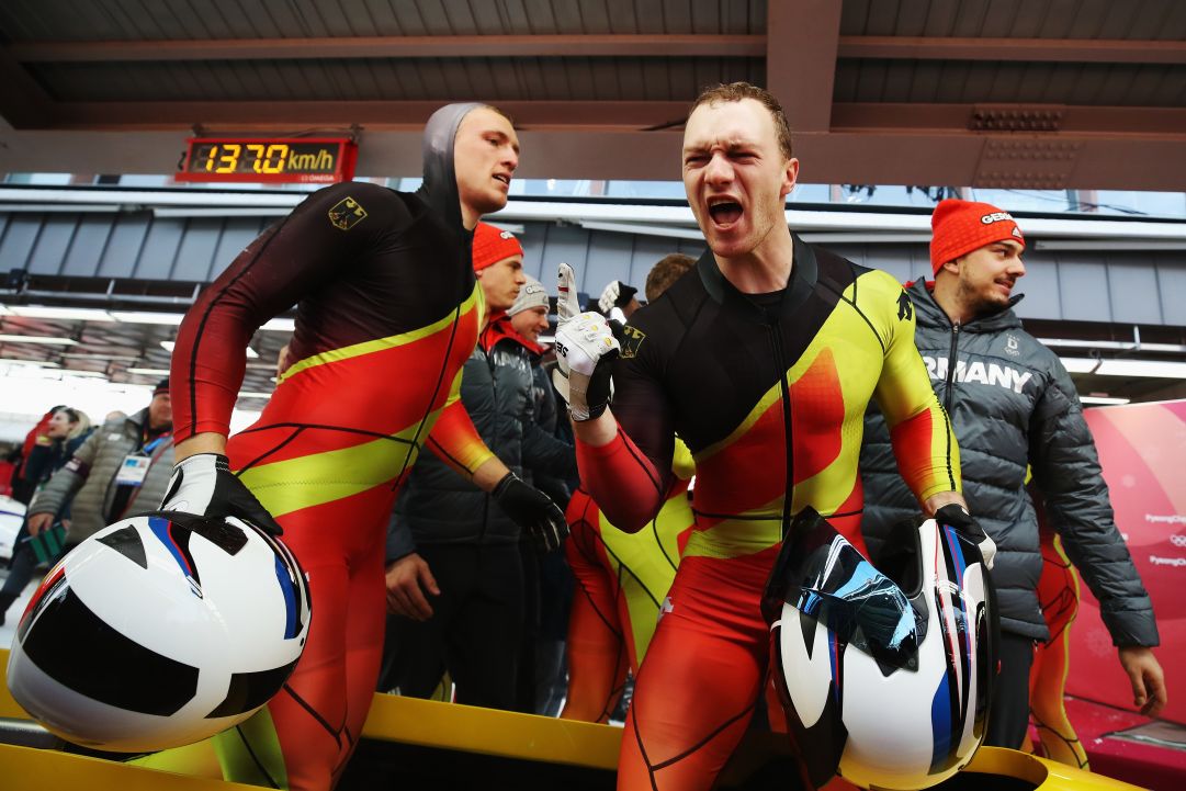 during the 4-man Boblseigh heats on day sixteen of the PyeongChang 2018 Winter Olympic Games at Olympic Sliding Centre on February 25, 2018 in Pyeongchang-gun, South Korea.