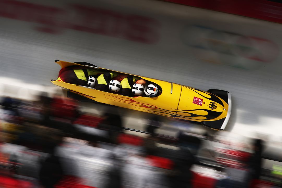 during the 4-man Boblseigh Heats on day sixteen of the PyeongChang 2018 Winter Olympic Games at Olympic Sliding Centre on February 25, 2018 in Pyeongchang-gun, South Korea.