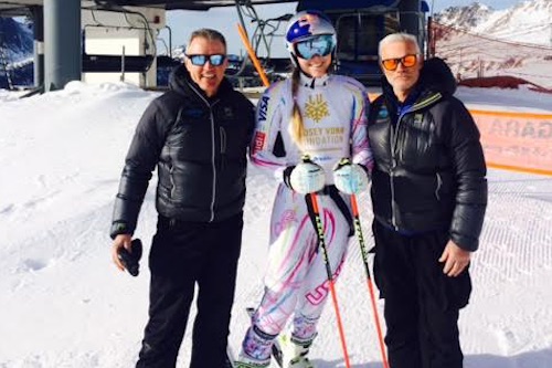 Lindsey Vonn in allenamento con gli azzurri della velocità al Passo San Pellegrino