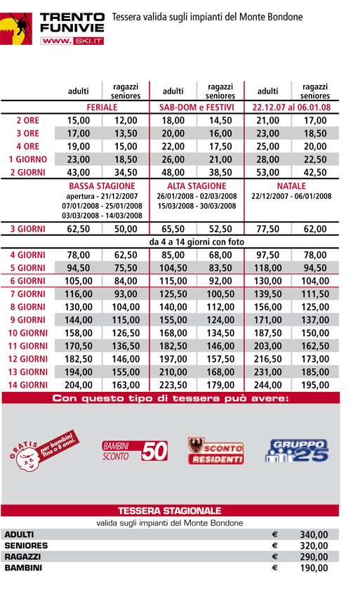 skipass tariffe impianti monte bondone 2007/2008