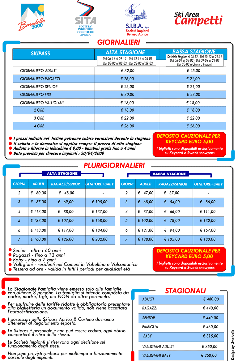 SKIPASS GIORNALIERI PLURIGIORNALIERI STAGIONALI APRICA 07708