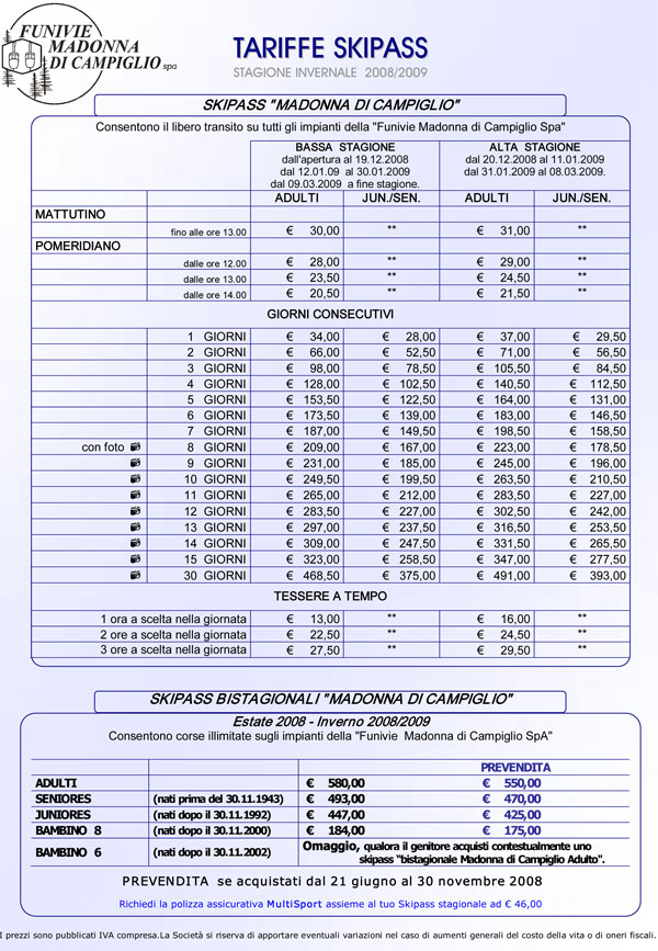 prezzi skipass madonna di campiglio pinzolo marileva